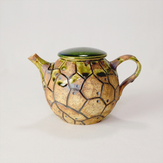 陶器のティーポット 茶色と緑の釉薬 KRU-24「栗谷昌克_緑釉ティーポットB」